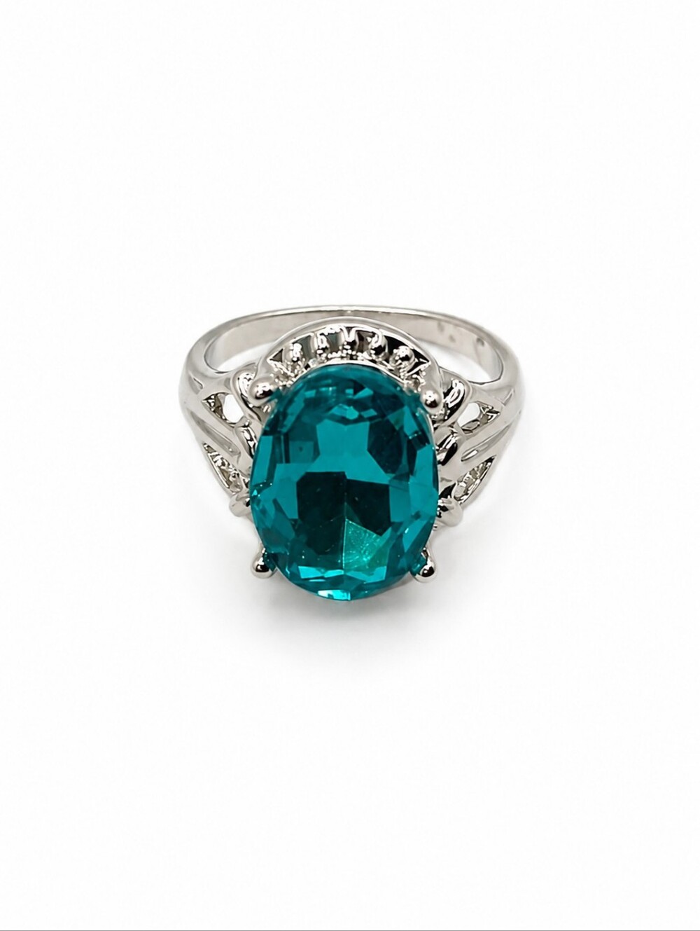 Teal Blue Crystal Statement Ring Silver Tone Size 6.5 Sparkly Glam